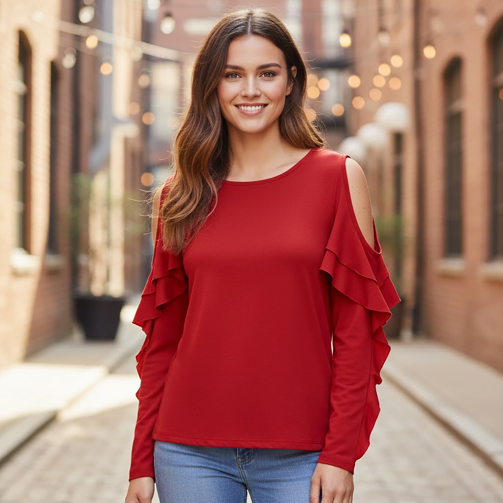Esprit Cold Shoulder Top Red Ruffle Sleeve | Women's M by Esprit – blouse | RewearableUK