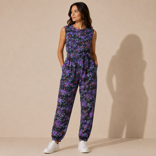 Fashion Circle Vintage Floral Jumpsuit M/L Purple Belted Deadstock – jumpsuit product photo 1 | RewearableUK