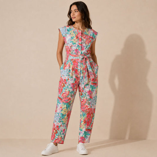 Fashion Circle Vintage Floral Jumpsuit S/M Pink Belted Deadstock – jumpsuit product photo 1 | RewearableUK