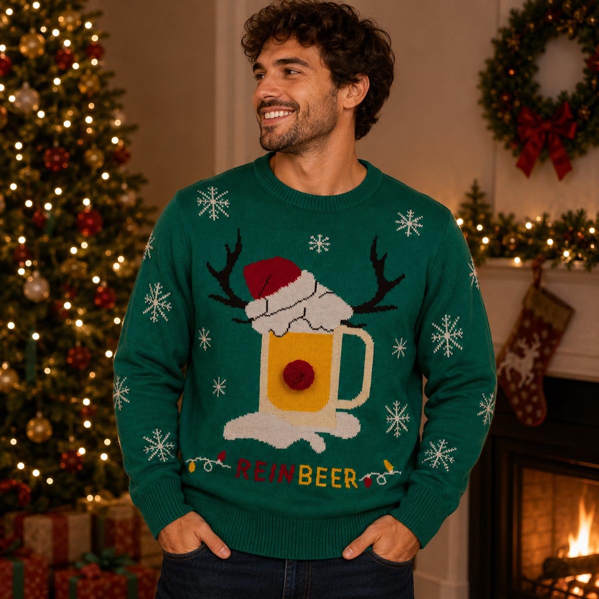 Festive Fun Christmas Jumper S Green Reinbeer Reindeer – product photo 1 | RewearableUK