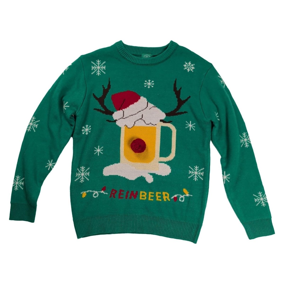 Festive Fun Men's Christmas Jumper S Green Reinbeer Beer Reindeer 3D Pom Pom – product photo 1 | RewearableUK