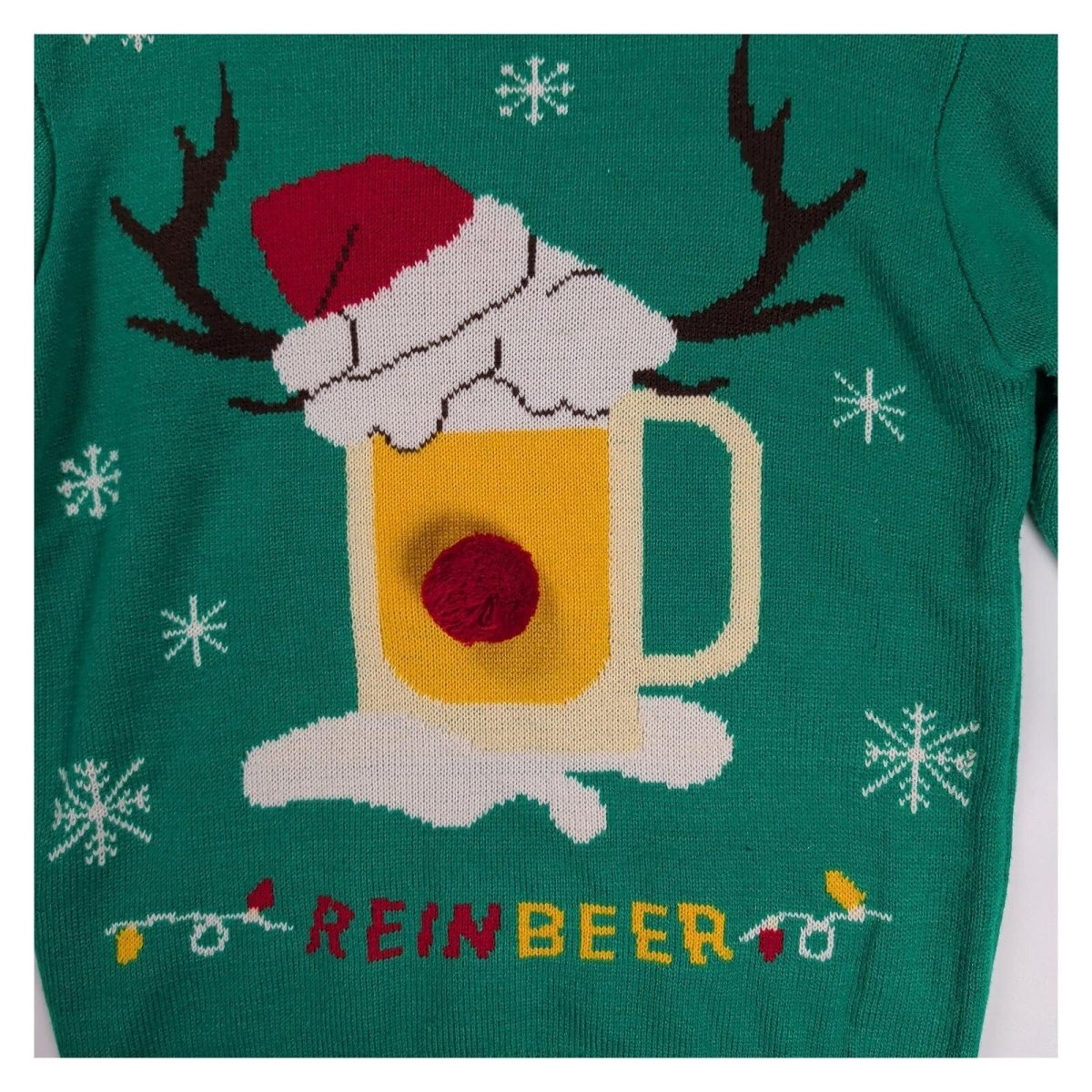 Festive Fun Men's Christmas Jumper S Green Reinbeer Beer Reindeer 3D Pom Pom – product photo 2 | RewearableUK