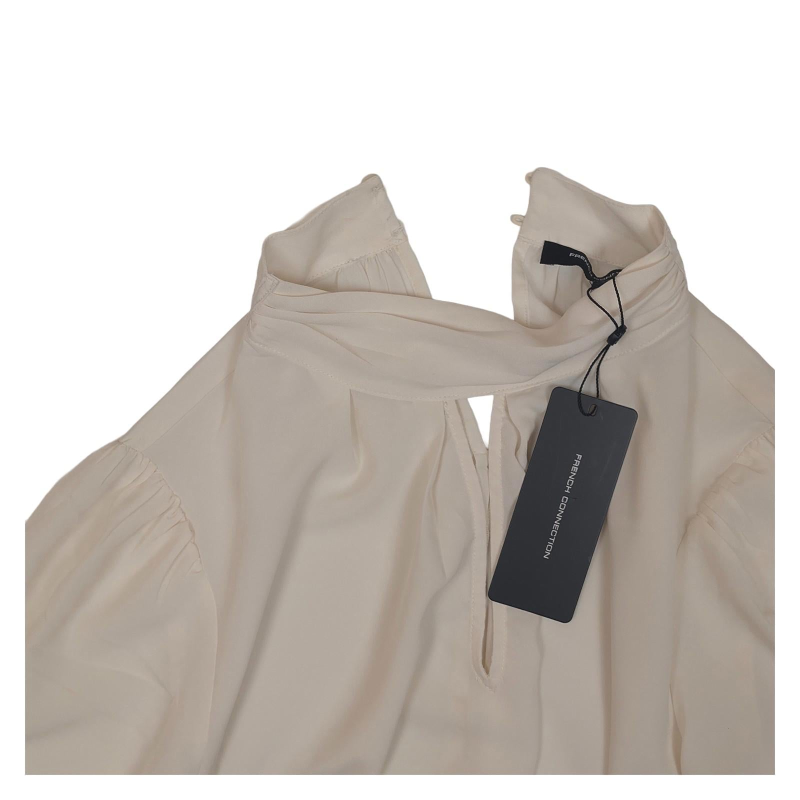 French Connection Cream Blouse Size M Medium Porcelain High Neck Smocked Cuff by French Connection – | RewearableUK