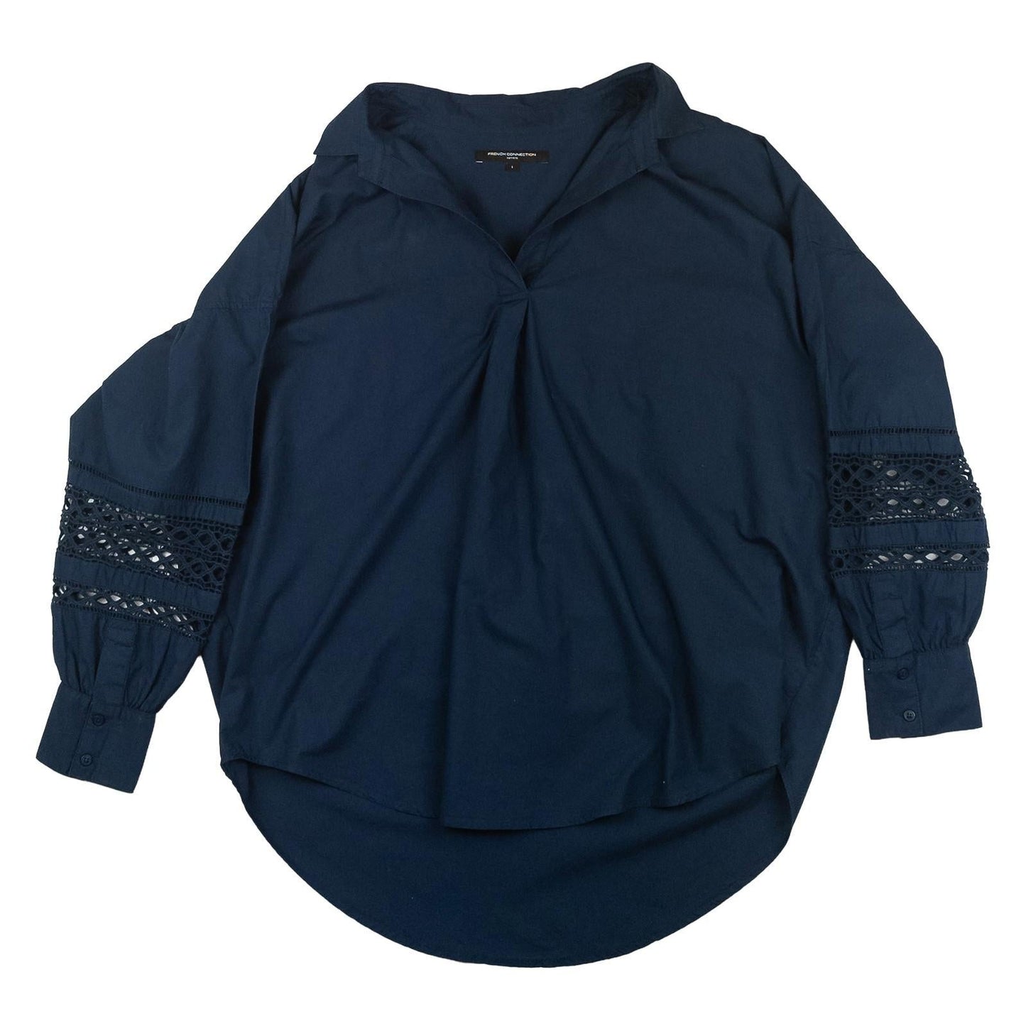 French Connection Navy Blue Cotton Shirt Blouse Lace Sleeve Detail Top Size L by French Connection – | RewearableUK