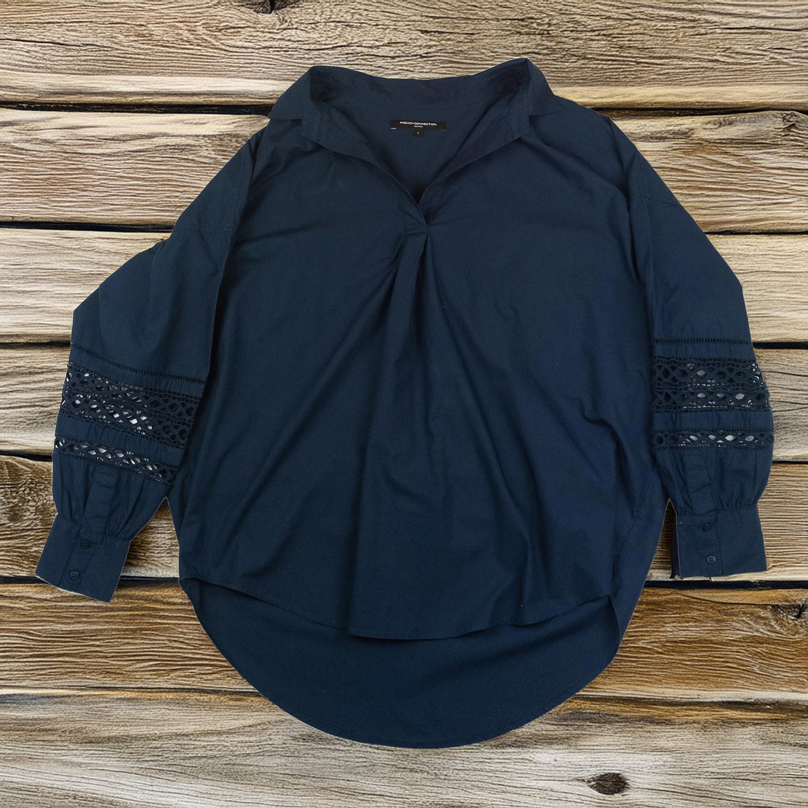 French Connection Navy Blue Cotton Shirt Blouse Lace Sleeve Detail Top Size L by French Connection – | RewearableUK