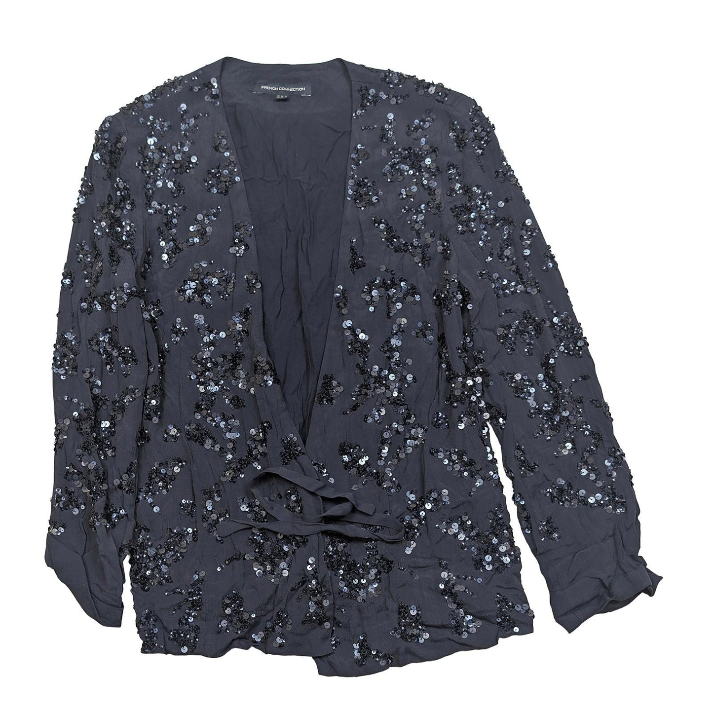French Connection Sequin Jacket UK 10 Black Wrap Tie Kimono Party Evening Top by French Connection – | RewearableUK