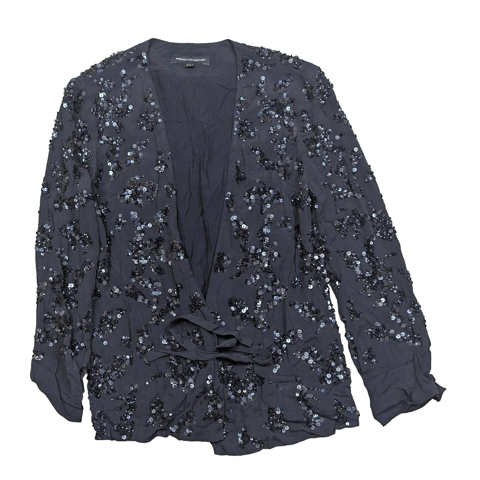 French Connection Sequin Jacket UK 10 Black Wrap Tie Kimono Party Evening Top by French Connection – | RewearableUK