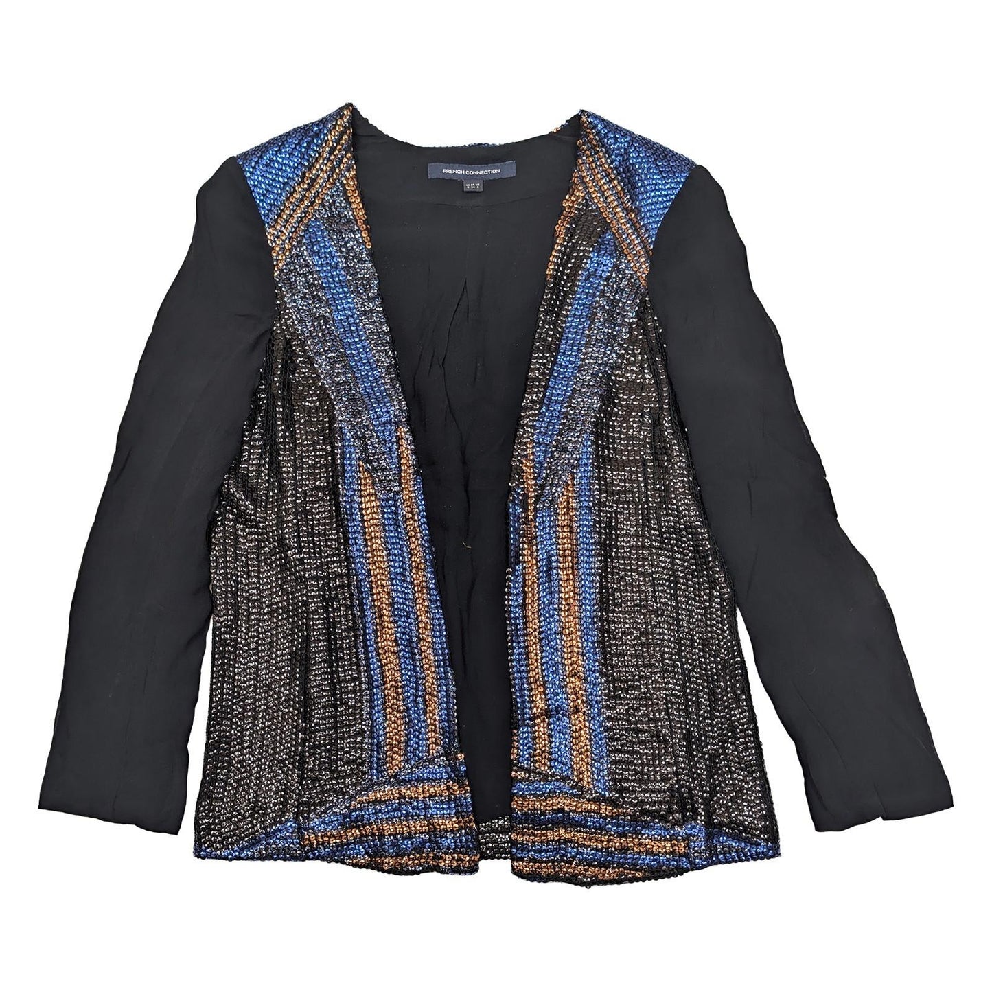French Connection Sequin Jacket UK 6 Blue Bronze Black Open Front Party Bolero by French Connection – | RewearableUK