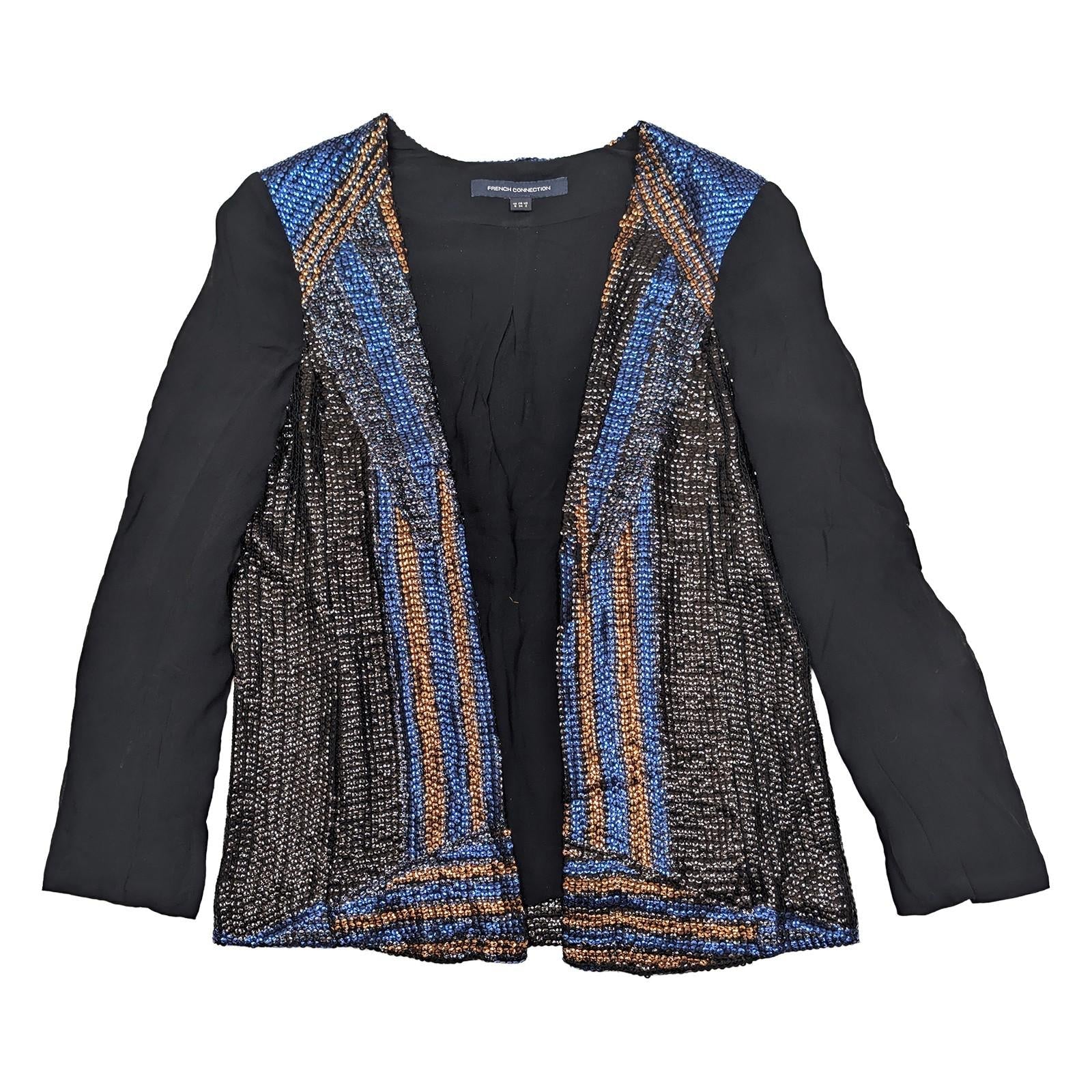 French Connection Sequin Jacket UK 6 Blue Bronze Black Open Front Party Bolero by French Connection – | RewearableUK