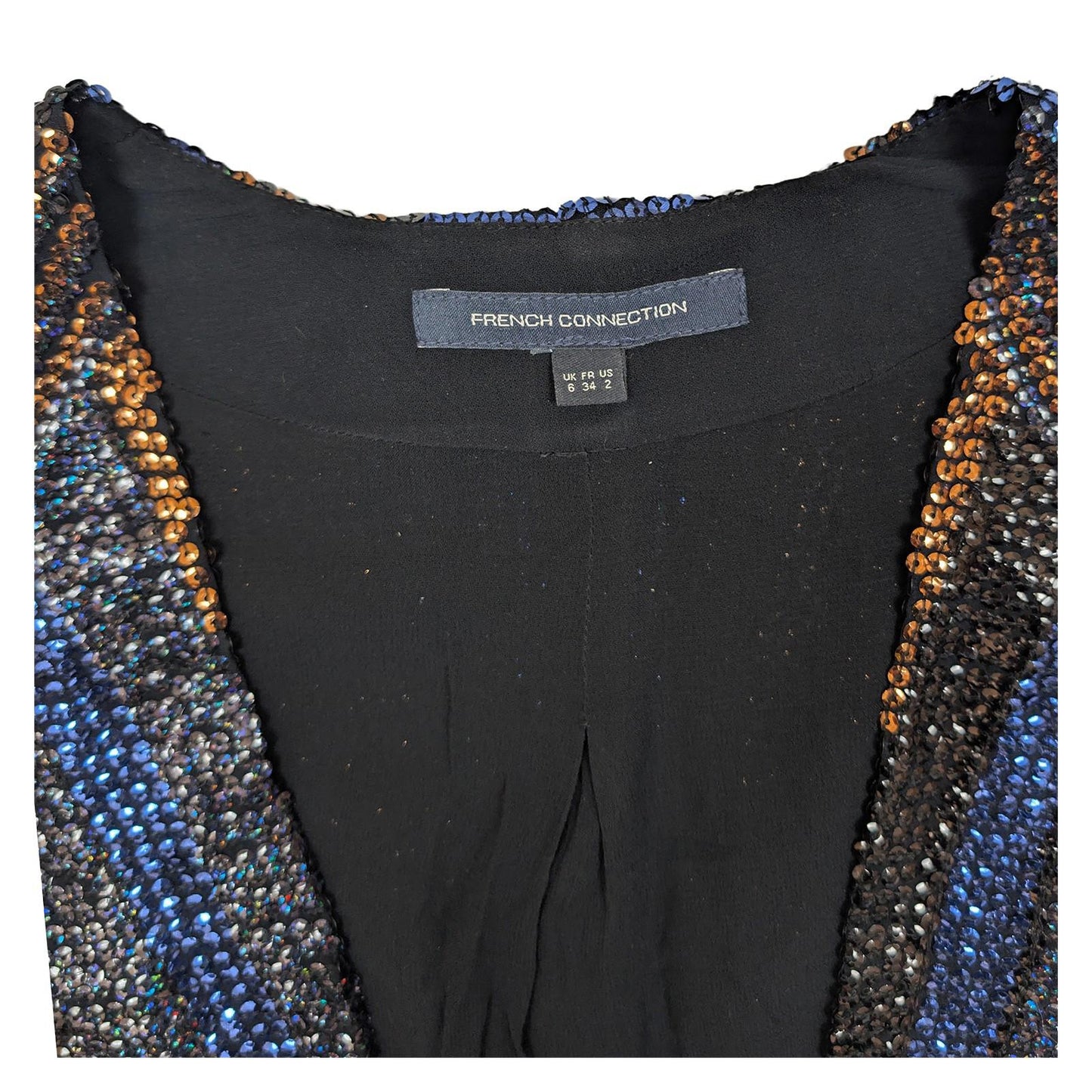French Connection Sequin Jacket UK 6 Blue Bronze Black Open Front Party Bolero by French Connection – | RewearableUK