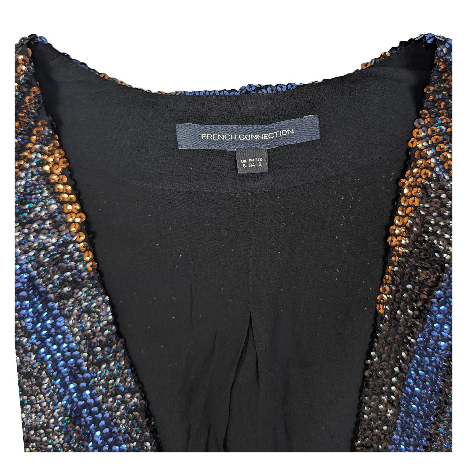 French Connection Sequin Jacket UK 6 Blue Bronze Black Open Front Party Bolero by French Connection – | RewearableUK