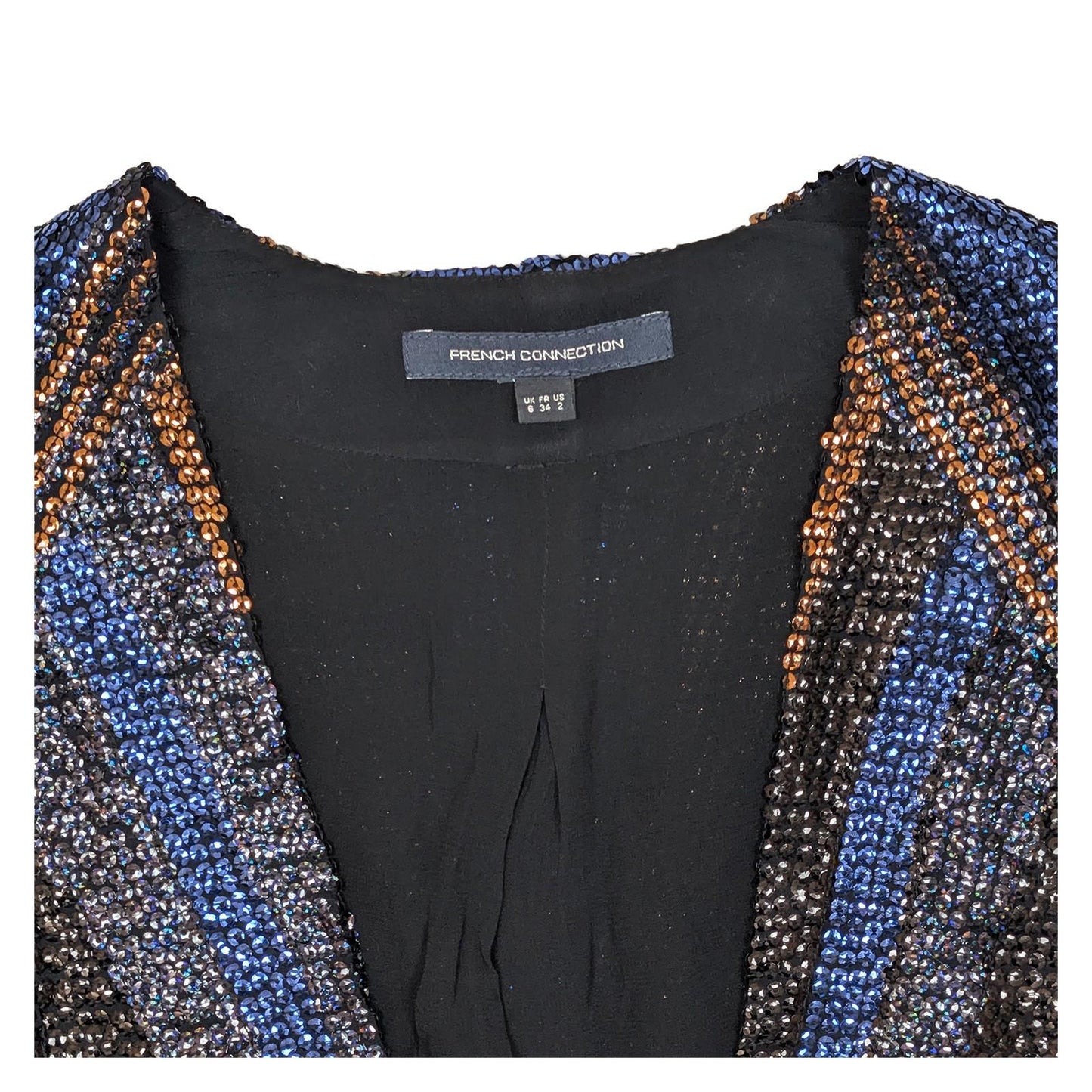 French Connection Sequin Jacket UK 6 Blue Bronze Black Open Front Party Bolero by French Connection – | RewearableUK