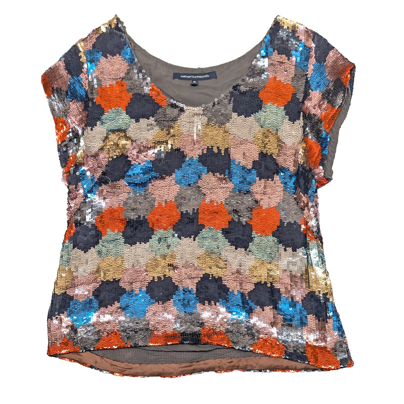 French Connection Sequin Top UK 10 Multi Colour Heavy Beaded Party Blouse Sparkl by French Connection – | RewearableUK