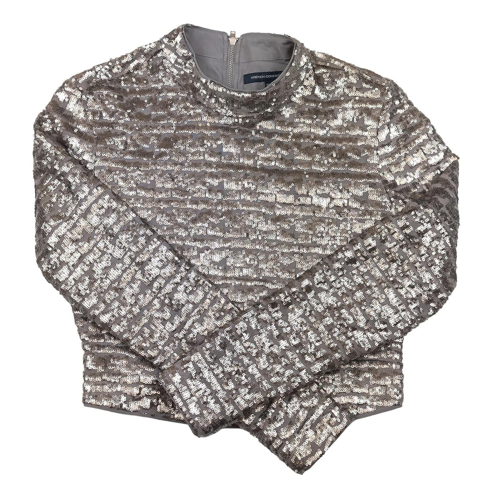 French Connection Sequin Top UK 8 XS Gunmetal Grey Mock Neck Blouse by French Connection – | RewearableUK