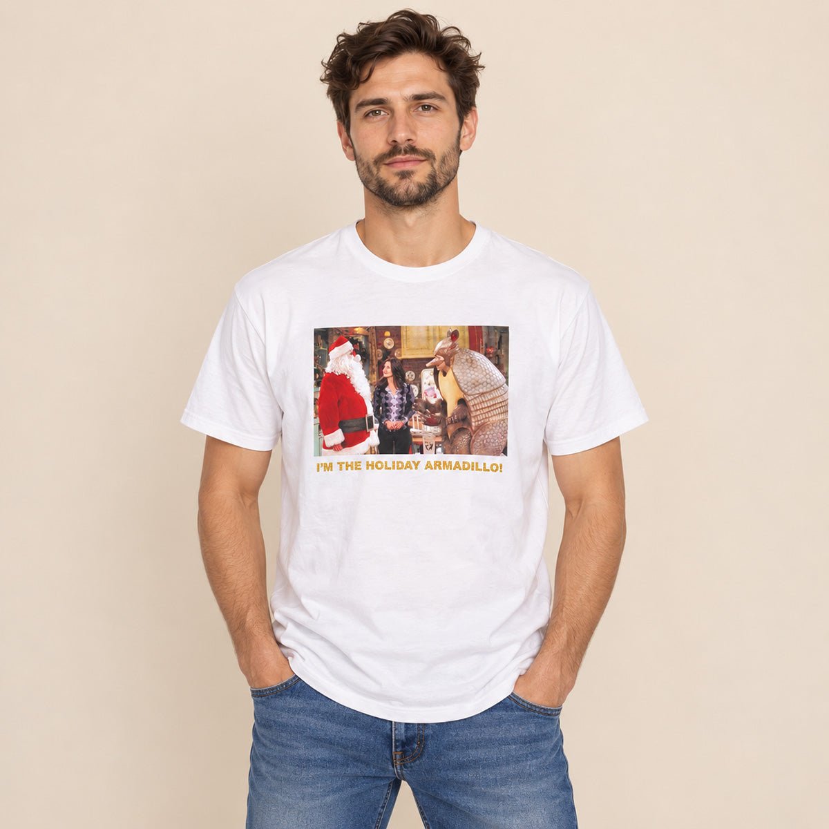 Friends Unisex Adults T-Shirt 18 White Holiday Armadillo Graphic 100% Cotton – T-Shirt product photo 1 | RewearableUK