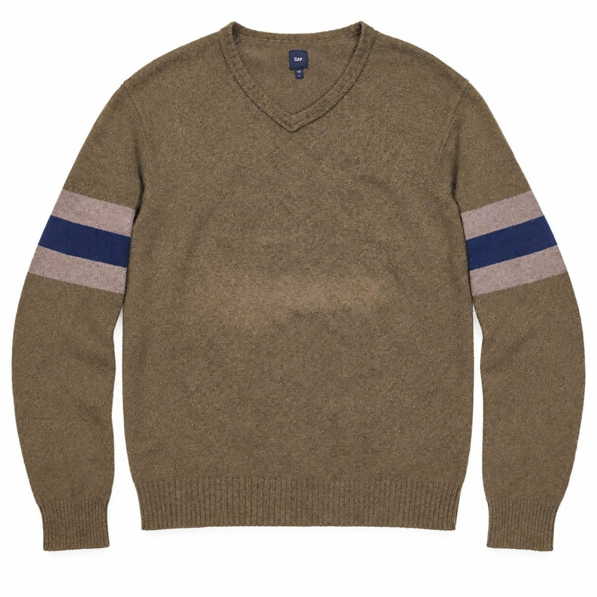 Gap Mens Jumper Large Brown V-Neck Striped Wool Cotton Blend – product photo 1 | RewearableUK