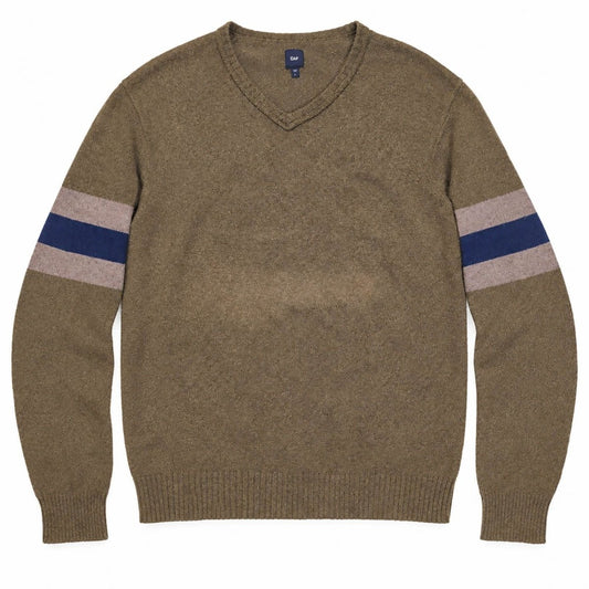 Gap Mens Jumper Large Brown V-Neck Striped Wool Cotton Blend – product photo 1 | RewearableUK