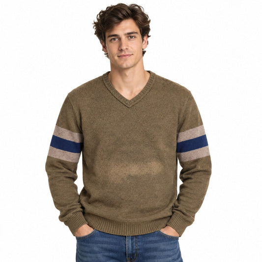 GAP Men's V-Neck Jumper L Brown Striped – Faded – jumper product photo 1 | RewearableUK