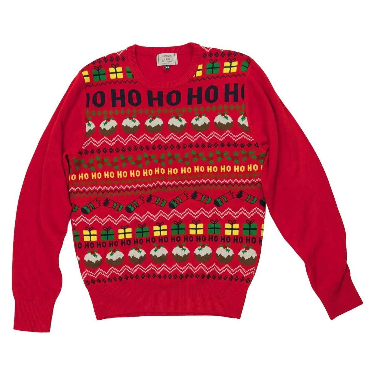 George Mens HO HO HO Christmas Jumper XS Red Gifts Pudding Acrylic – product photo 1 | RewearableUK