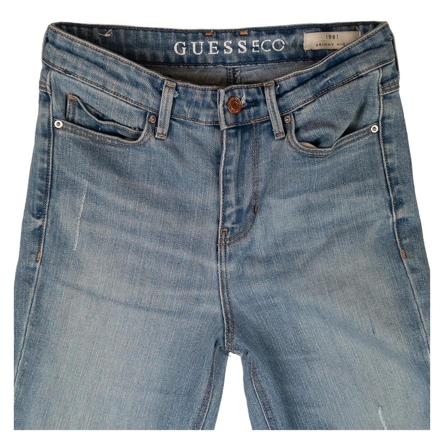 Guess Eco Women's 1981 High Rise Skinny Jeans W27 Distressed Blue Stretch Denim by GUESS – | RewearableUK