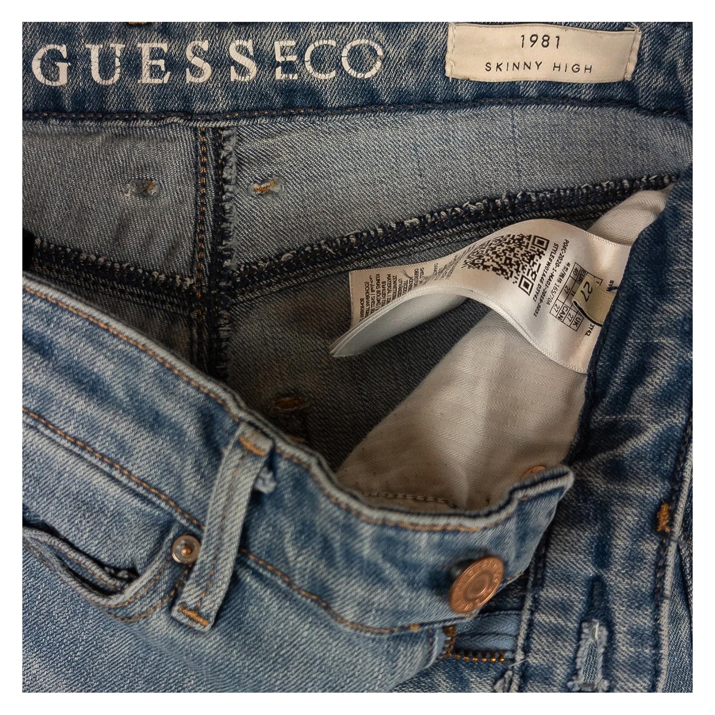 Guess Eco Women's 1981 High Rise Skinny Jeans W27 Distressed Blue Stretch Denim by GUESS – | RewearableUK