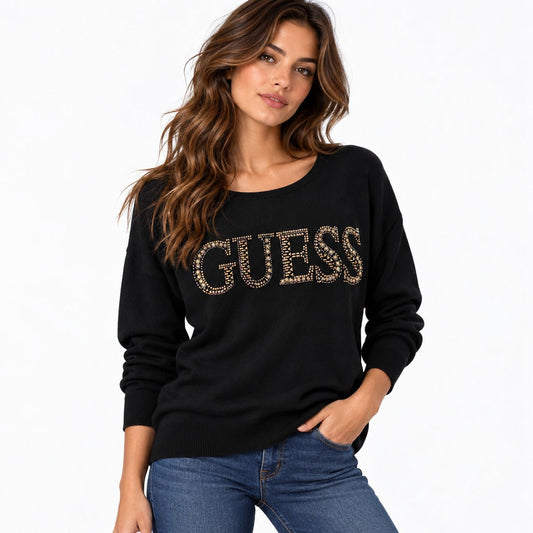 Guess Women's Jumper S Black Studded Logo Viscose Polyamide Tailored – Jumper product photo 1 | RewearableUK