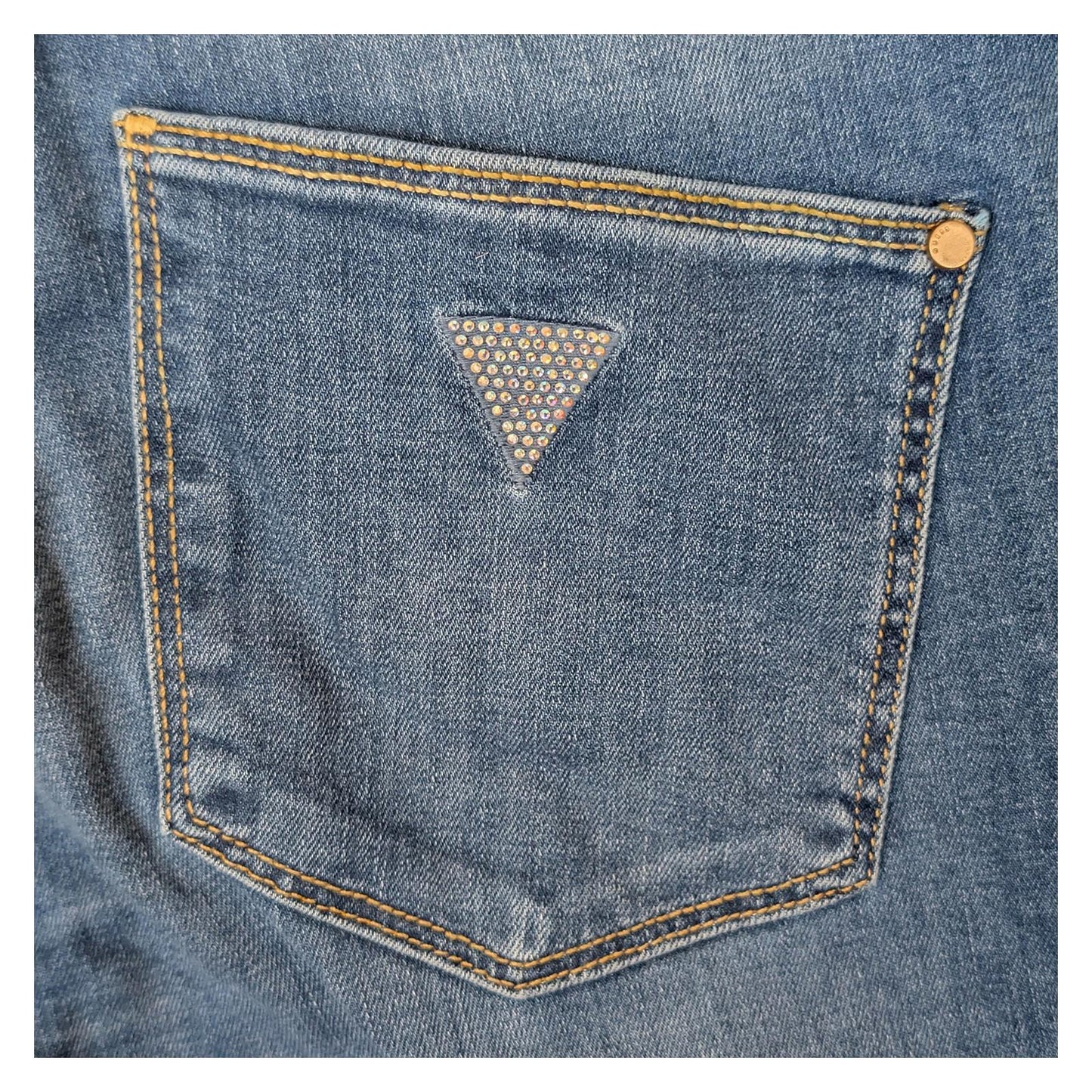 Guess Women's Sexy Boot Jeans W25 L36 Blue Mid Rise Rhinestone Crystal Stretch by GUESS – | RewearableUK