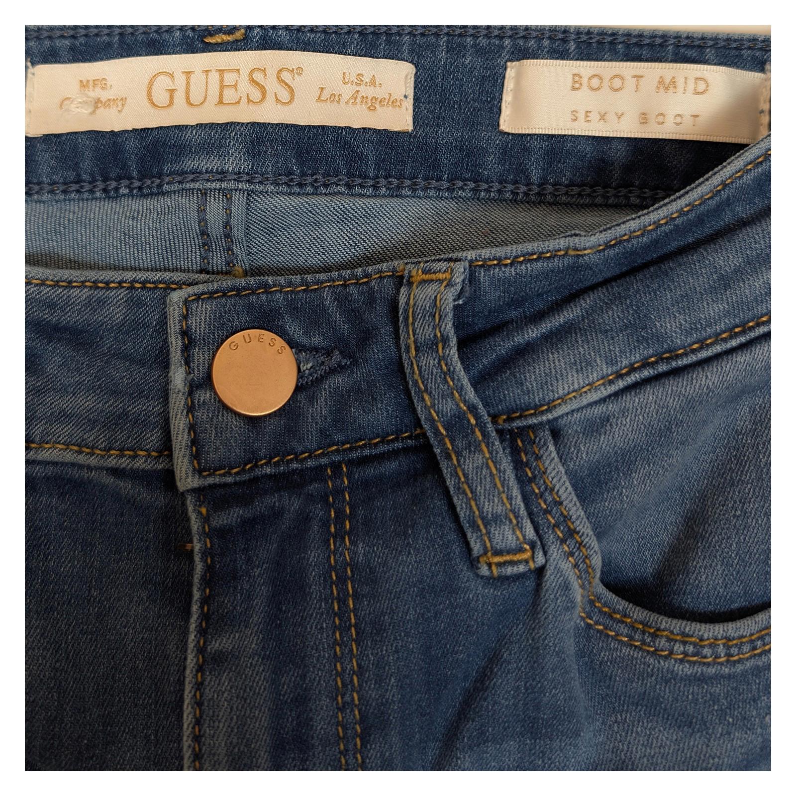 Guess Women's Sexy Boot Jeans W25 L36 Blue Mid Rise Rhinestone Crystal Stretch by GUESS – | RewearableUK