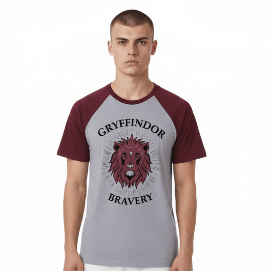 Harry Potter Gryffindor Bravery Men's Raglan T-Shirt L Grey Burgundy Lion – product photo 1 | RewearableUK