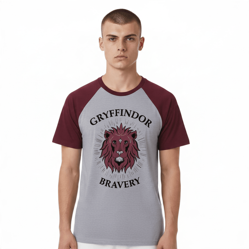 Harry Potter Gryffindor Bravery Men's Raglan T-Shirt L Grey Burgundy Lion – product photo 1 | RewearableUK