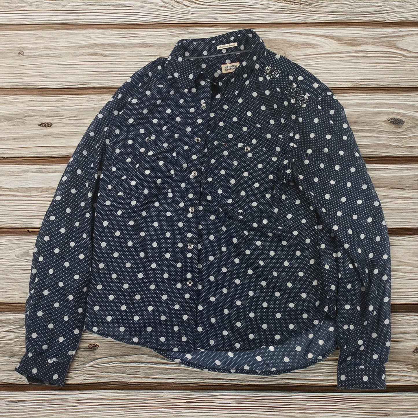 Hilfiger Denim Shirt Womens Size M Navy Polka Dot Studded Beaded Cotton Top by Hilfiger Denim – | RewearableUK