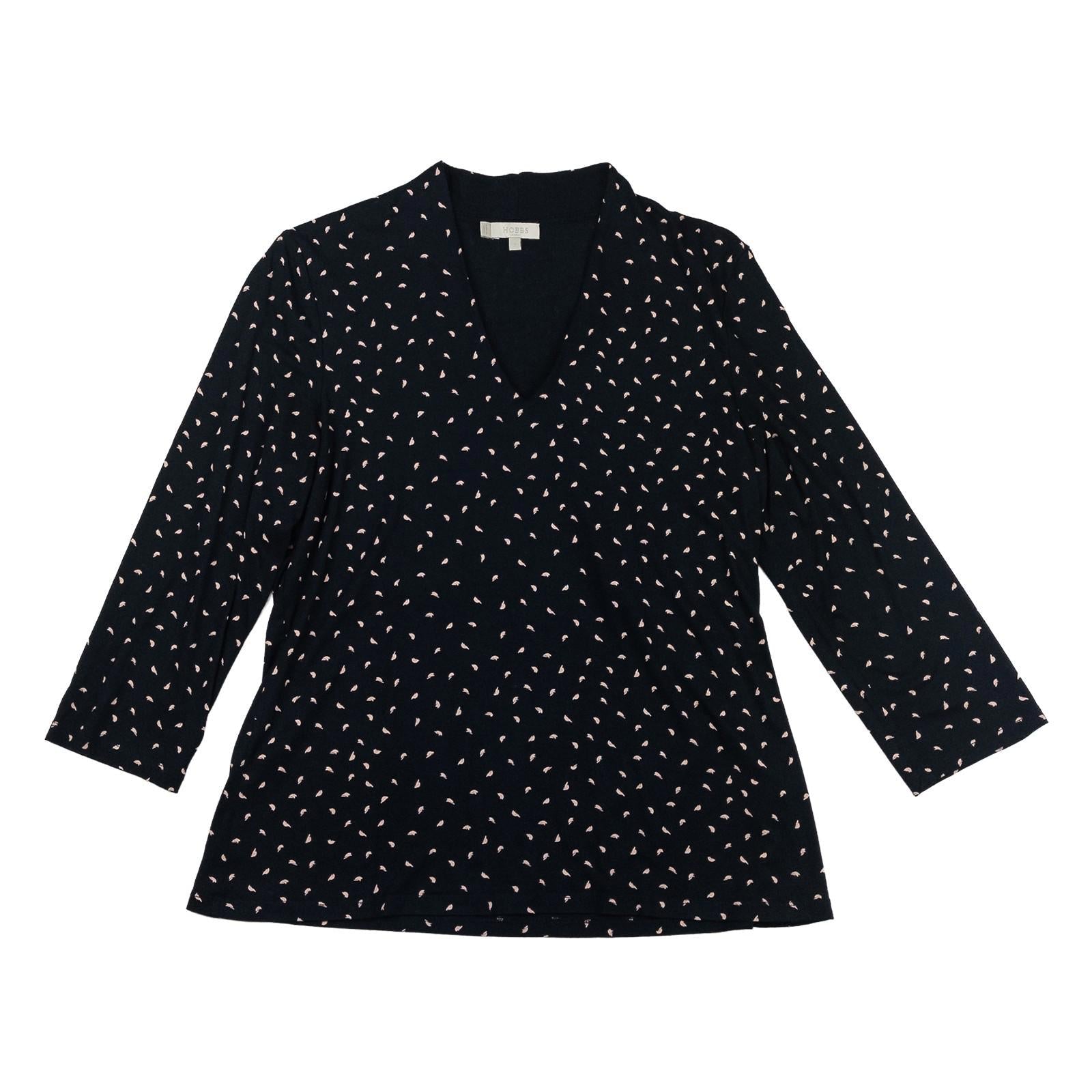 Hobbs London Black Abstract Print Top Size L V - Neck 3/4 Sleeve Jersey Stretch by Hobbs – | RewearableUK