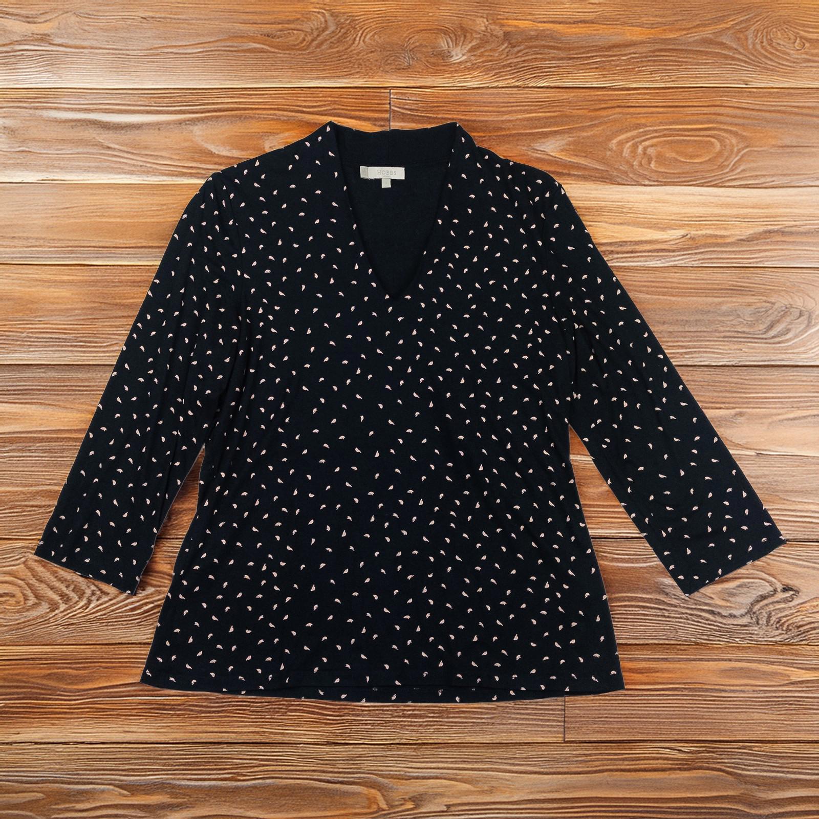 Hobbs London Black Abstract Print Top Size L V - Neck 3/4 Sleeve Jersey Stretch by Hobbs – | RewearableUK