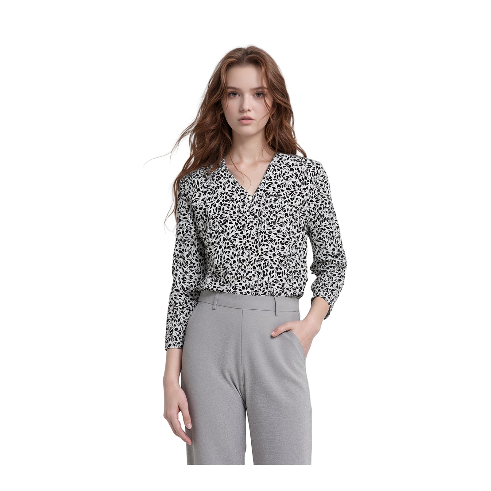 Hobbs London Monochrome Leaf Print Blouse Size UK 12 V - Neck Long Sleeve Office by Hobbs – blouse | RewearableUK