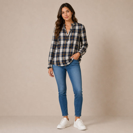 Hobbs Navy Check Cotton Ruffle Blouse – UK 8 – Blouse product photo 1 | RewearableUK
