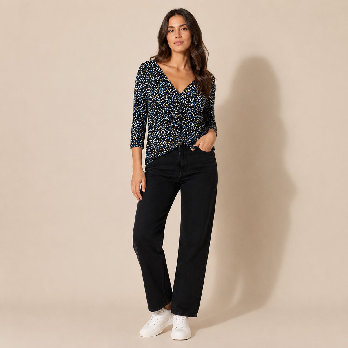 Hobbs Spot Print Ruched Top Size M Black 3/4 Sleeve – Top product photo 1 | RewearableUK