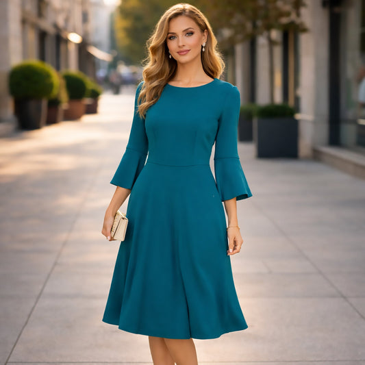 Hobbs Teal Fit Flare Dress UK 6 Bell Sleeve Midi Occasion Cocktail Dress by Hobbs – DRESSING | RewearableUK