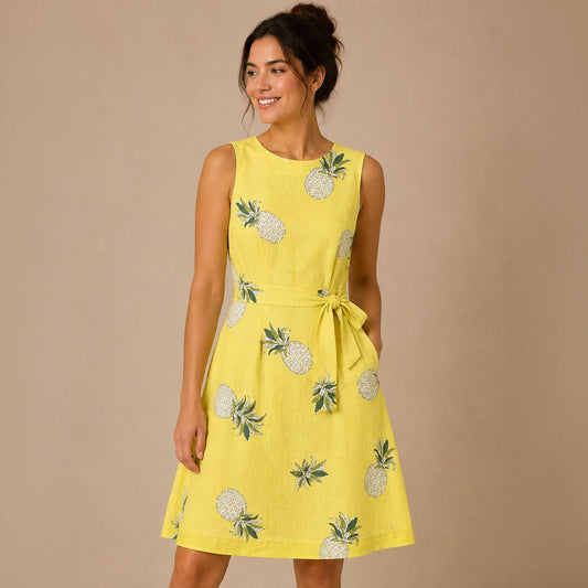 Hobbs Twitchill Pineapple Linen Dress UK 10 Yellow Belted Sleeveless – Dresses product photo 1 | RewearableUK