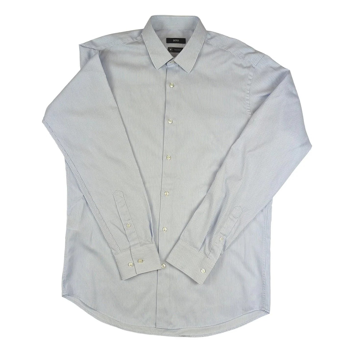 Hugo Boss Hugo Boss Mens White Blue Striped Shirt Long Sleeve Cotton Smart Size 15.5 M shirt RewearableUK