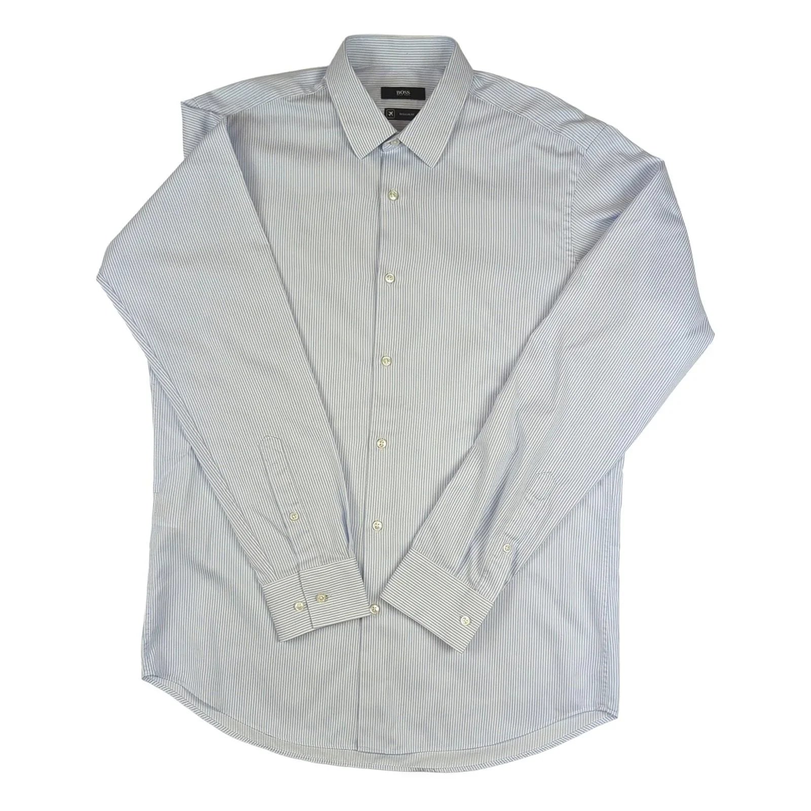 Hugo Boss Hugo Boss Mens White Blue Striped Shirt Long Sleeve Cotton Smart Size 15.5 M shirt RewearableUK