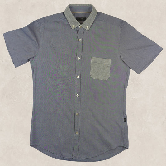 Hugo Boss Slim Fit Short Sleeve Shirt Blue White | Men's Small by Hugo Boss – shirt | RewearableUK