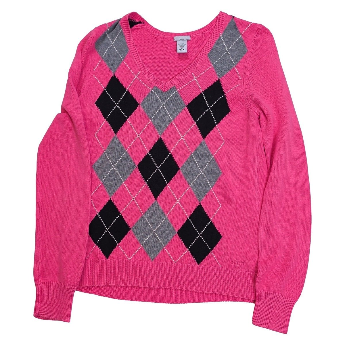Izod Women Jumper Medium Pink Argyle 100% Cotton V-Neck – product photo 2 | RewearableUK