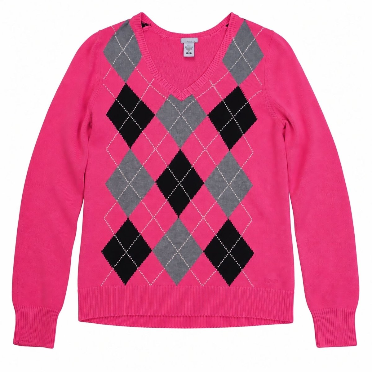 Izod Women Jumper Medium Pink Argyle 100% Cotton V-Neck – product photo 1 | RewearableUK