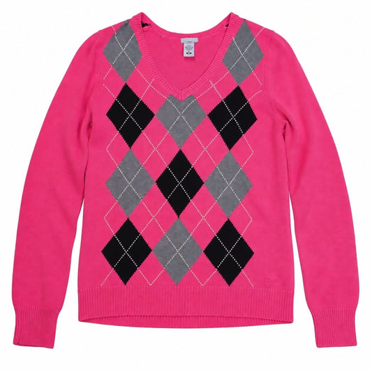 Izod Women Jumper Medium Pink Argyle 100% Cotton V-Neck – product photo 1 | RewearableUK