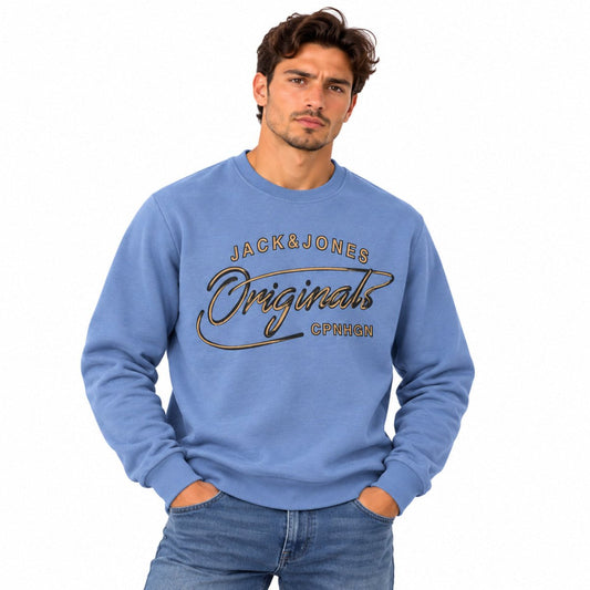 Jack & Jones Men's Originals JORPEX Blue Graphic Sweatshirt Cotton Crew Neck – Sweatshirt product photo 1 | RewearableUK