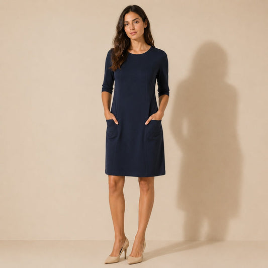 Jaeger Navy Blue Shift Dress Size M 3/4 Sleeve Pockets – Dresses product photo 1 | RewearableUK