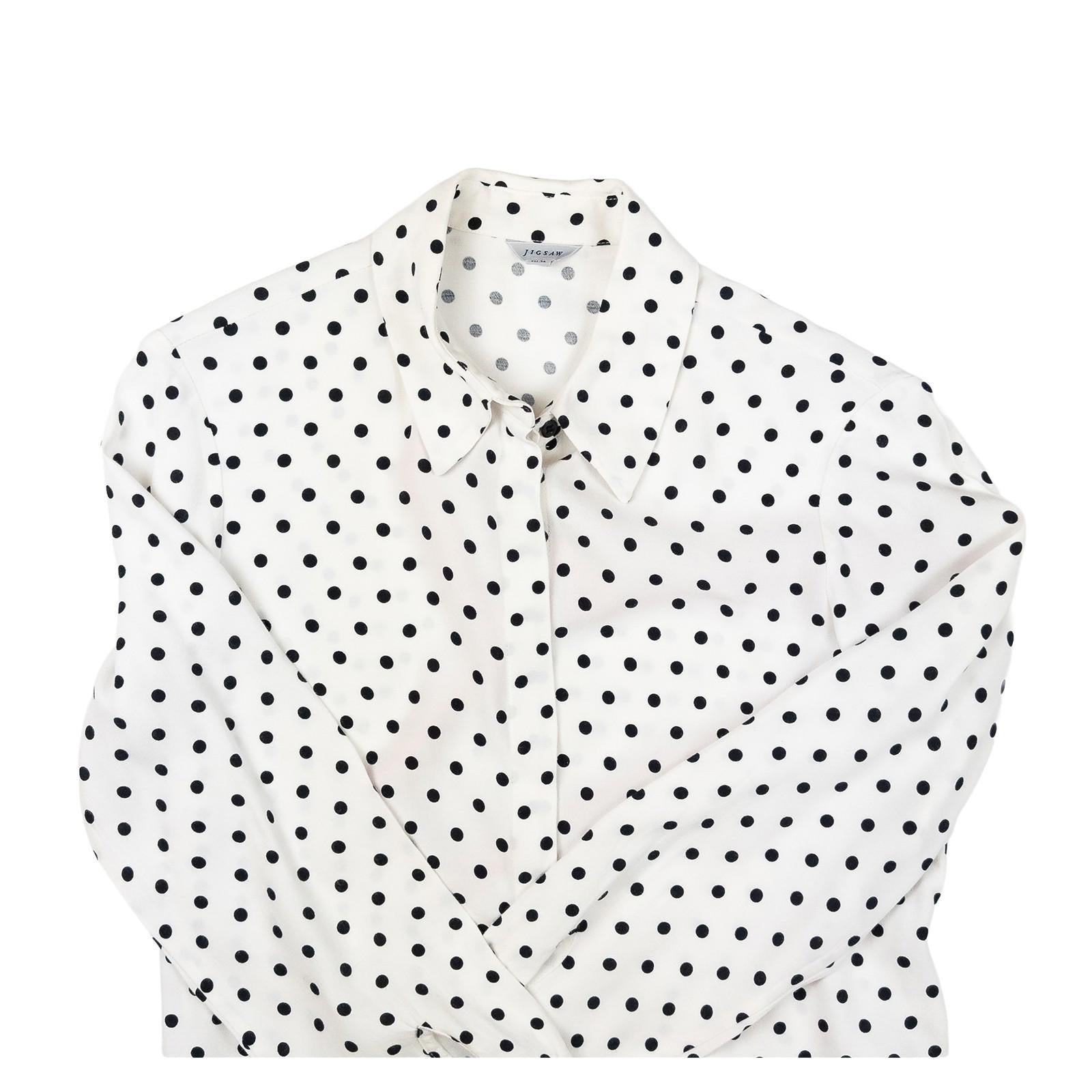 Jigsaw Woman White Polka Dot Shirt Size UK 8 Viscose Long Sleeve Button Work by Jigsaw – | RewearableUK