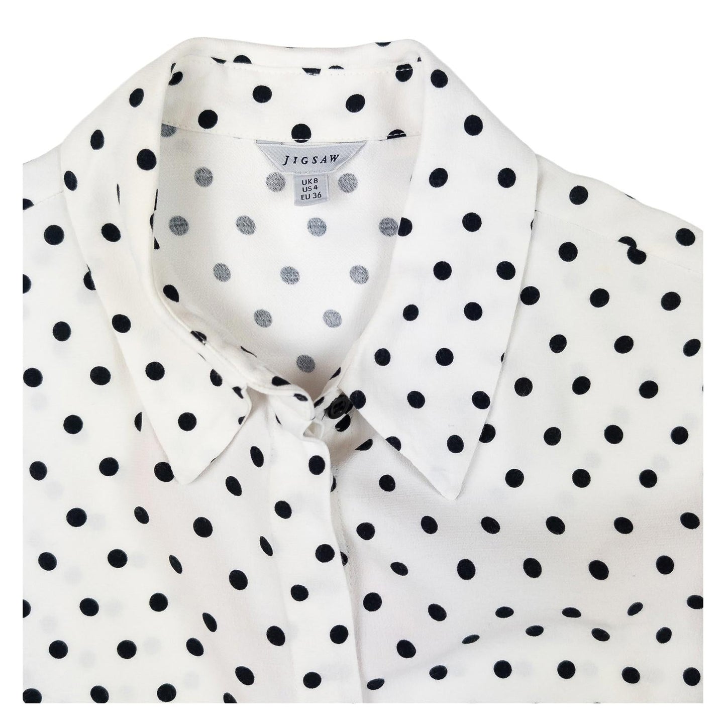 Jigsaw Woman White Polka Dot Shirt Size UK 8 Viscose Long Sleeve Button Work by Jigsaw – | RewearableUK