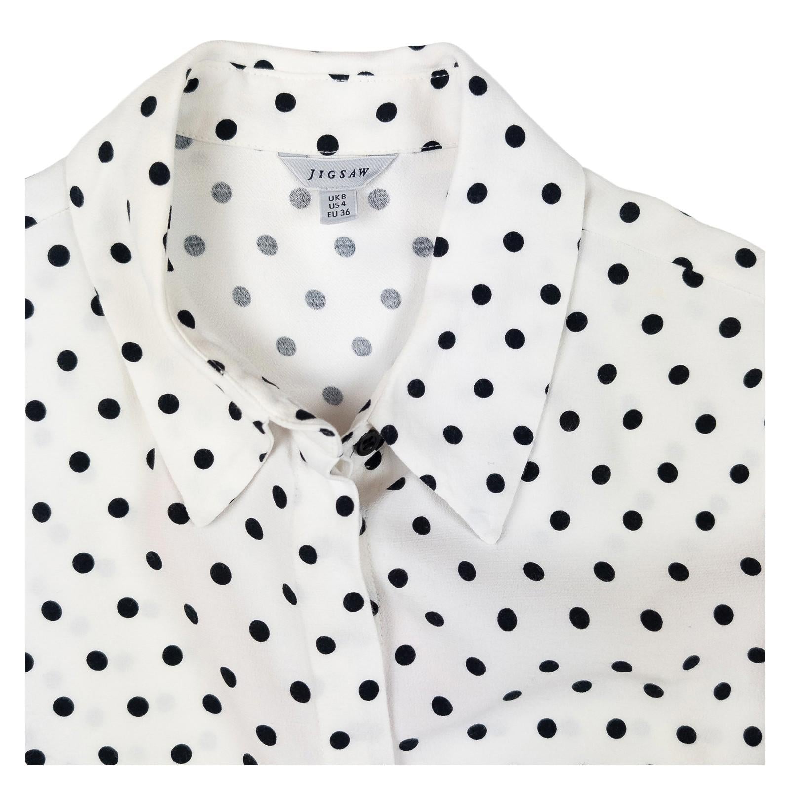 Jigsaw Woman White Polka Dot Shirt Size UK 8 Viscose Long Sleeve Button Work by Jigsaw – | RewearableUK