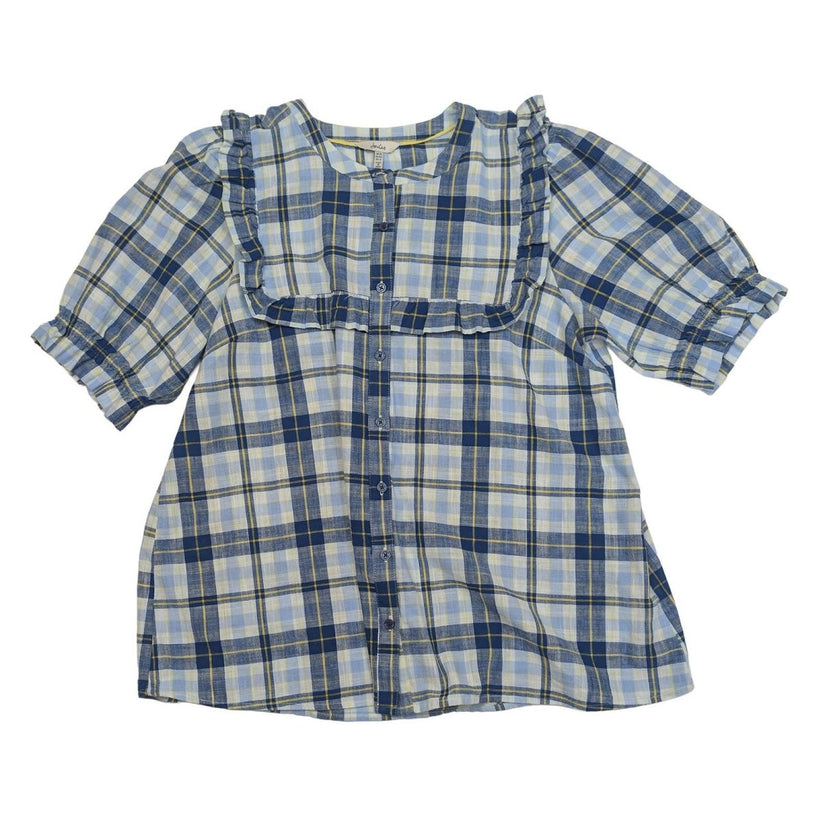 Joules Clarabelle Check Blouse Size UK 16 US 12 Blue Yellow Ruffle Puff Sleeve T by Joules – | RewearableUK